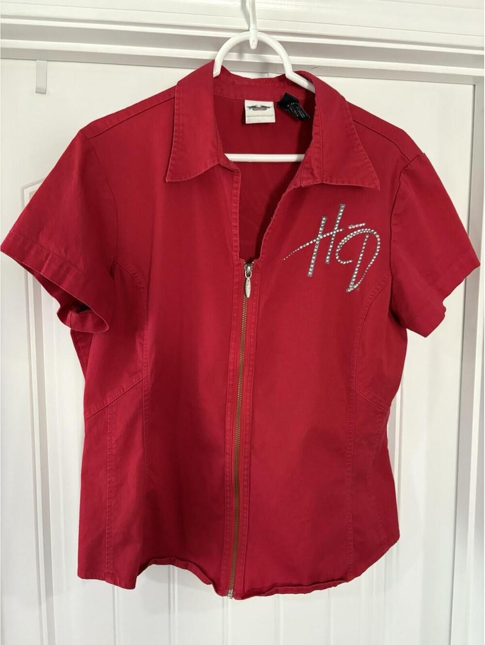 Harley Davidson Women’s XL Shirt Top Red Full Zip Up Bedazzled Bling